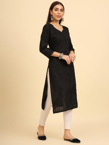 Image of Women's Chikankari-Lucknowi Embroidered Work | 3 /4 Sleeve | Knee Length | Round Neck | Cotton Fabric | Straight Kurta