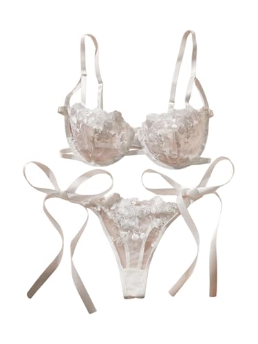 Verdusa Womens 2 Piece Floral Lace Bow Lingerie Set Embroidery Sheer Push Up Bra with Tied Side Thong White Medium