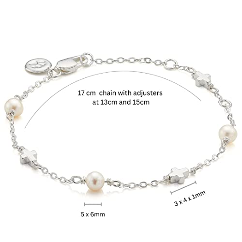 Sterling Silver Pearl & Cross Charm Bracelet. Adjustable, Dainty Jewelry Chain Bracelets For Girls. Perfect First Communion Gifts for Girls, Baptism Gifts, Birthday Gift2