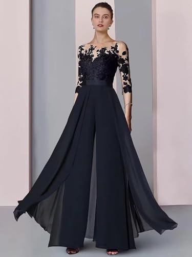 Half Sleeve Chiffon Ruffles Mother of The Bride Pant Suits Lace Applique for Wedding Formal Outfits Women Jumpsuits3
