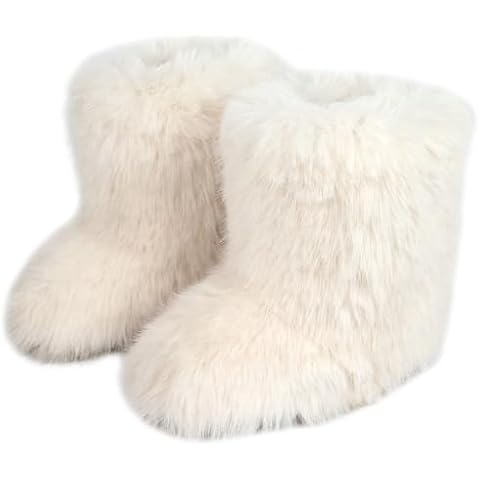Women Winter New Fluffy Faux Pelt Boots Female Plush Warm Snow Boots Girls' Fluffy Shoe Outdoor Mid Leg Boots (6, Beige) Cover