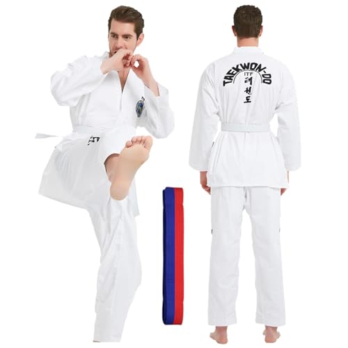 CHUIKUAJ Kimono de Karate para Adultos, Uniforme de Taekwondo Bordado Profesional con Cinturón, Kit Ligero de Artes Marciales, Traje de Judo para Niños,White-160