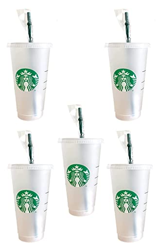 Starbucks 5 Pack Bundle - Reusable Frosted 24 oz Cold Cup with Lid and Green Straw w/Stopper, 5 Count (Pack of 1)