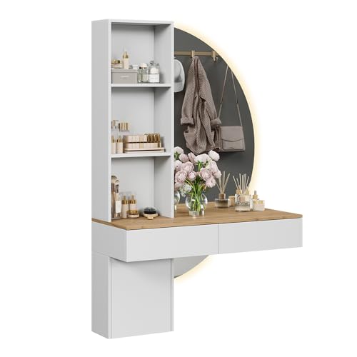 Vicco Coiffeuse Melora, Blanc/chêne, 100cm avec Miroir LED, pour Le Rangement des cosmétiques et Accessoires