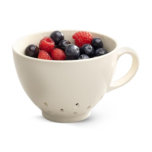 Zeal Berry Colander Cup, Small Hand-held Cup Shape Melamine Strainer/Sieve, for Washing & Draining Fruits, and Berries (10cm) - Cream