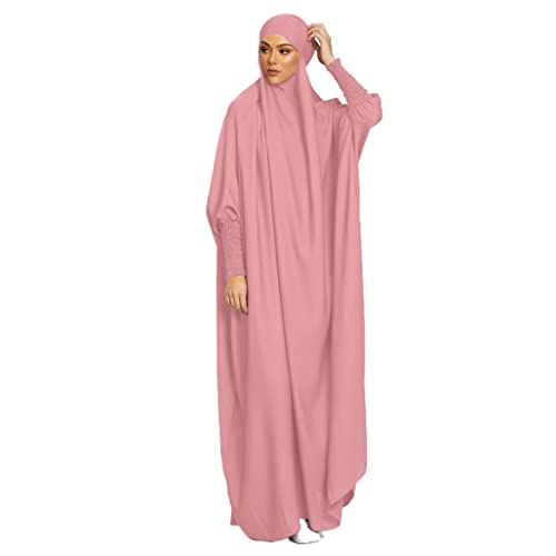 Robe de Priere Femme Musulmane Abaya Tenue de Priere 1 Piece Djellaba Hijab Niqab à Manches Longues Jilbeb Vêtements Rose
