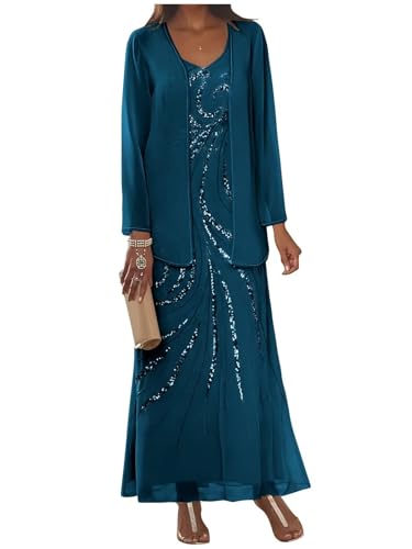 Sequin Chiffon Mother of The Bride Dresses for Wedding Long Sleeve Mother Groom Dress with Jacket