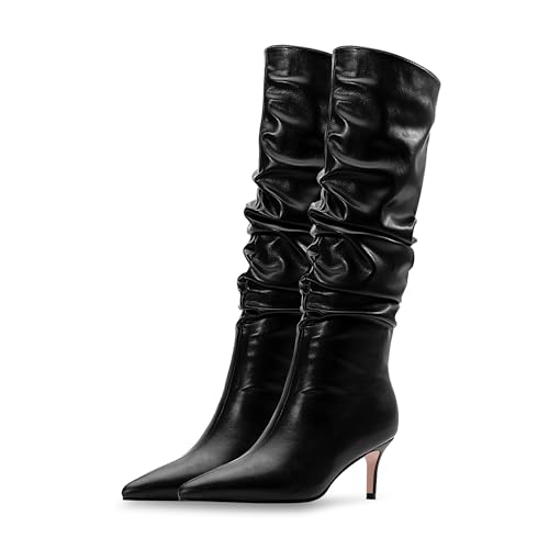 Women's Stiletto Kitten Heel Pointed Toe Slouchy Dress Knee High Boots Boots2