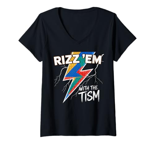 Damen Rizz Em With The Tism Autism Meme Men Women Girls Boys T-Shirt mit V-Ausschnitt