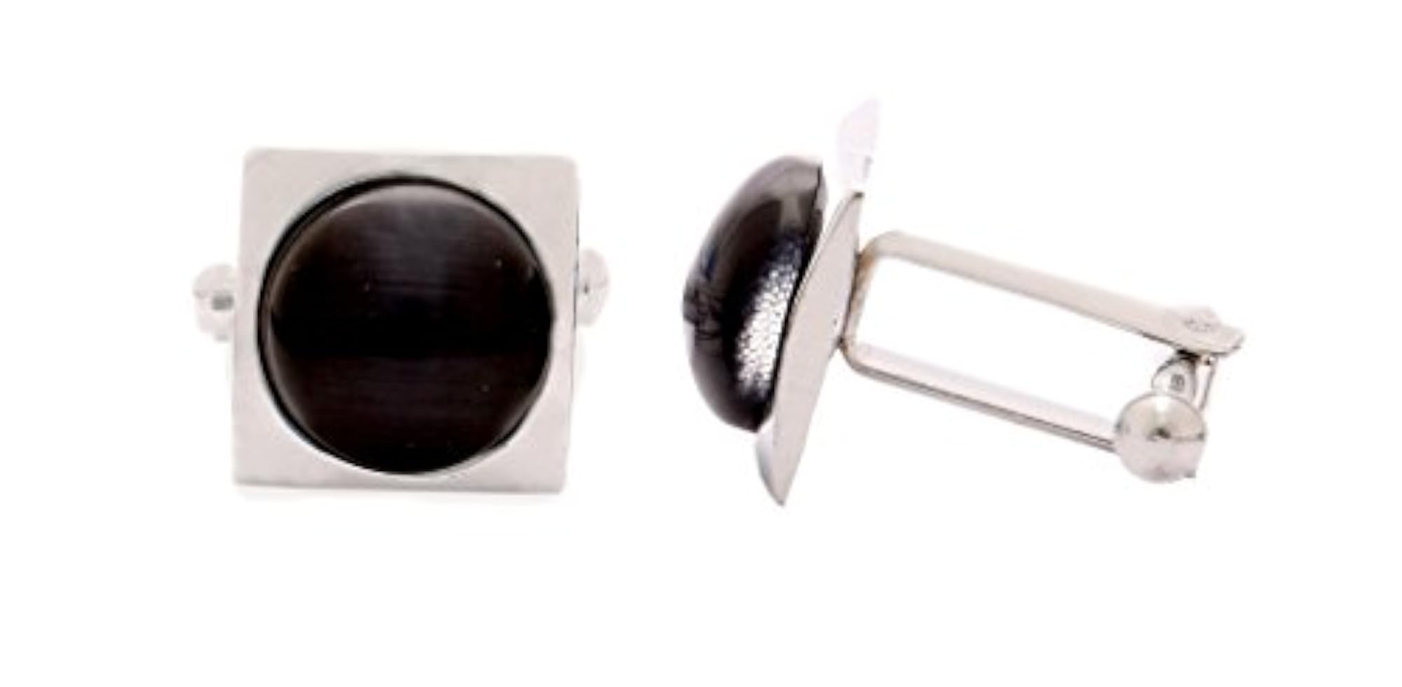 Men's Silver Cufflinks Set with Black Stone