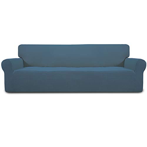 Image of Easy-Going Stretch 4 Seater Sofa Slipcover 1-Piece Sofa Cover Furniture Protector Couch Soft with Elastic Bottom for Kids, Polyester Spandex Jacquard Fabric Small Checks Bluestone