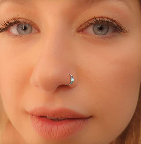 Opal Nose Ring -Ultra Thin 24G Sterling Silver Nose ring piercing ring - white opal - 7mm nose hoop - Image 3