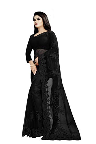 ساري عمل شبكي مطرز للنساء من باركيا كرييشن مع بلوزة غير مخيطة (اسود)