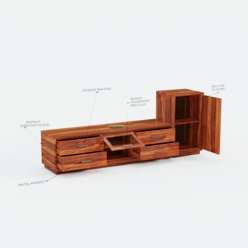 Image of Sheesham Wood Wooden tv Unit for Living Room 55 inch TV Furniture - Entertainment Unit Solid Wood tv Table for Living Room 55 inch TV Console with 4 Drawers, 4 Shelves