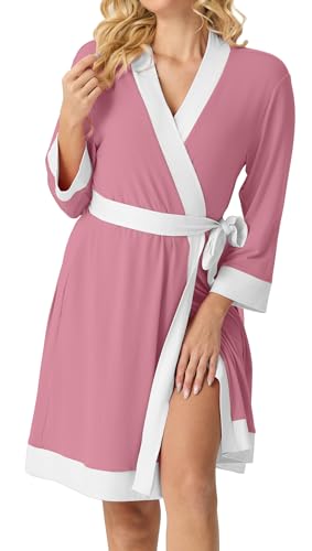 Image of PrinStory Womens Robe Knit Kimono Bathrobe Lightweight Soft Sleepwear Knee Length Lounge Robes