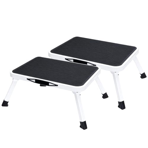 Image of OLIXIS Foldable Step Stool 2 PCS with Non-Slip Platform & Rubber Feet, 1-Step Ladder with Carrying Handle, 330lbs Capacity Sturdy Metal Foldable Stool for RV, Truck, Home Kitchen, Indoor & Outdoor Use