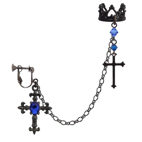 十字架 クロス ストーン 黒 ブラック チェーン イヤークリップ イヤーカフ イヤリング 片耳用 ゴシック ゴスロリ パンク アクセサリー 女性用 男性用 レディース メンズ ハロウィン コスプレ (青)