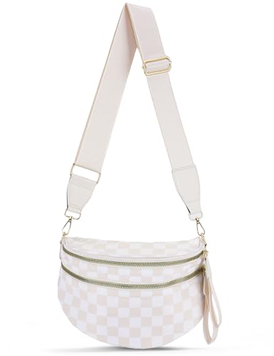 Checkered Crossbody Bum Bags for Women Nylon Checkered Purse Fanny Packs Sling Cross Body Bag with Adjustable Strap(Beige White)