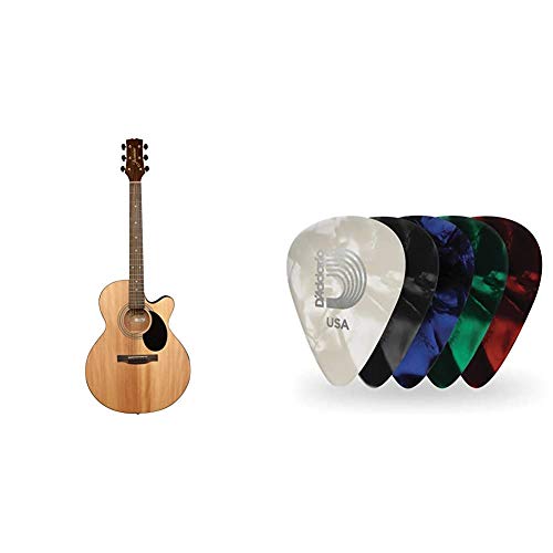 Jasmine S34C NEX Acoustic Guitar & D'Addario Assorted Pearl Celluloid Guitar Picks, 10 Pack, Medium