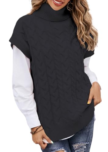 Women's Turtleneck Sweater High Neck Cap Sleeve Sweaters Vest Loose Ribbed Knit Pullover Tank Tops
