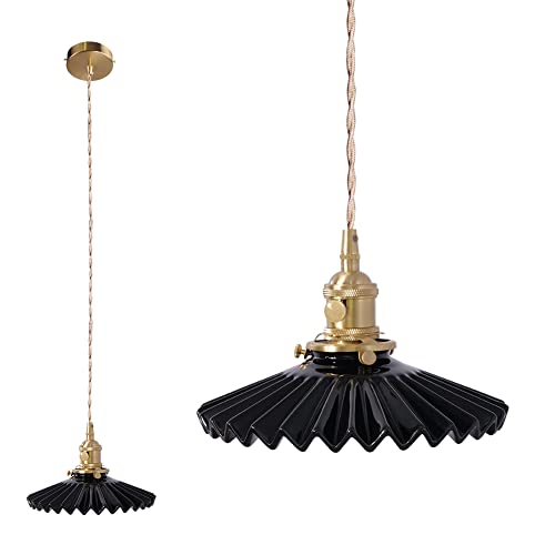 Shenmoyl Pendant Light Retro Black Pleated Ceramic Lampshade Nordic Hanging Lamp, Brass Finish Ceiling Drop Light E26/E27 Fixture Lamp Fitting With Kitchen Island Bedroom 7.87 Inch Diam #TOP12