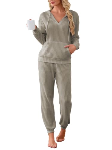 Image of Famulily 2 Pieces Ribbed Knit Outfits Drawstring Hoodies Jogger Pants Matching Pajama Sets with Pockets