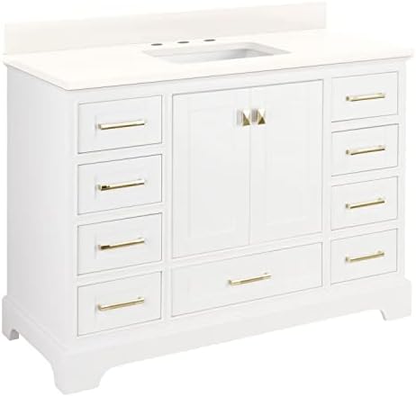 Signature Hardware 480695 Quen 48" Free Standing Single Vanity Set with Wood Cabinet, Vanity Top and Rectangular Undermount Vitreous China Sink - 8" Faucet Holes - Soft White/Arctic White