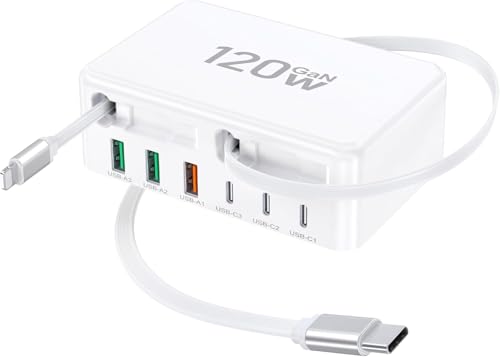 8-in-1 Retractable USB C Charger with Dual Cables, 120W 6 GaN Port Type C Charging Station Hub Block Cube, USB C Wall Charger Power Strip Adapter Plug for iPad iPhone 17 16 15 14 Pro Max Pixel Galaxy