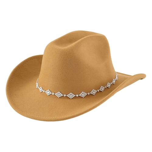 Women's Western Cowboy Hat Sparkly Rhinestone Wide Brim Cowgirl Hats Trendy Solid Color Comfort Fashion Fall Winter Cozy Caps