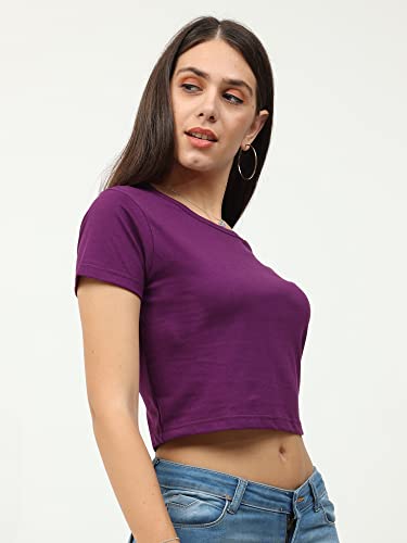 Image of FLEXIMAA Women's Cotton Plain Round Neck Half Sleeve Crop Top