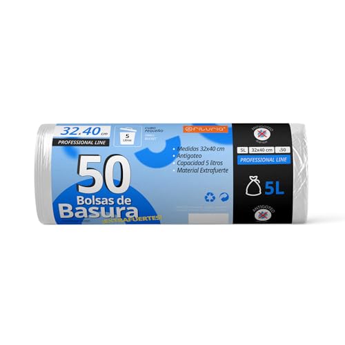 Bolsas de Basura, Bolsa Basura Resistente para Cubos Basura 5L, Antigoteo, Bolsas Ideales para Papelera de Baño, Oficina o Cocina, Apta Todo Tipo de Desechos, 32x40 cm - Ofituria (50 bolsas, 5L)