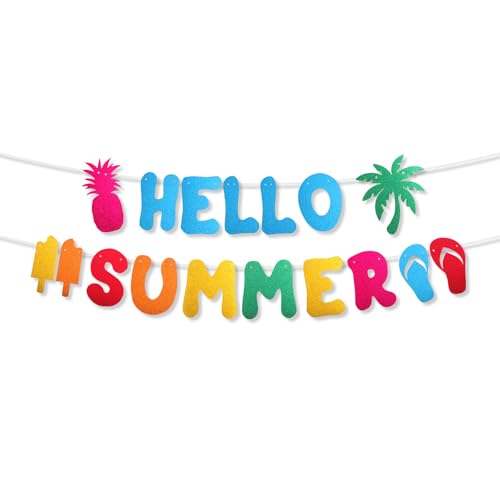 Hello Summer Banner, Glitzerndes Sommerbanner Vormontierte Bunte Sommerparty Dekorationen Ananas Kokosnuss Sommerparty Heimdekoration für Zuhause Büro Gartendekoration