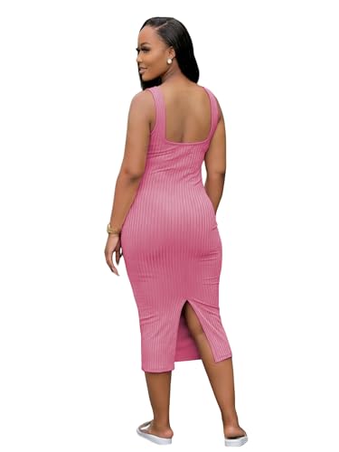Image of TOPSRANI Women Sexy Midi Dress Bodycon Casual Sleeveless Basic Ruched Tank Summer Club Party Dresses