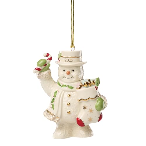 Lenox Ornament, 2025 Snowman with Stocking Christmas Ornament, Made from Porcelain Featuring Gold Accents and Hanging Cord, Snowman with Stocking Design, Christmas Tree Decorations (White, 1 Piece)