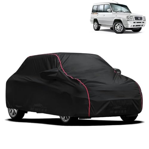 Image of Waterproof Car Cover for Tata Sumo Gold | All-Weather Protection, Dustproof & UV Resistant | Triple Stitched Mirror Pockets, Windproof Buckle Strap with Elastic Hem, Black-Red Piping