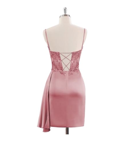 Miao Duo Teens Lace Appliqued Satin Short Tight Homecoming Dresses Spaghetti Strap Mini Cocktail Party Dress YZTS1142