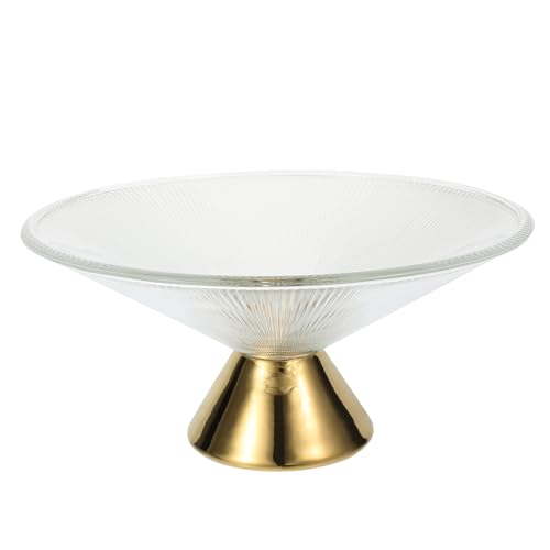 Luxshiny Glass Footed Fruit Bowl, Pedestal Fruit Bowl Dried Fruit Tray Cake Storage Dish Dessert Plate Stripe Fruit Baskets for Kitchen Countertop Organizer Golden