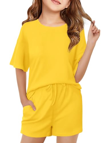 Image of Haloumoning Girls Summer 2 Piece Outfits Kids Oversized T Shirts and Shorts Clothing Sets 5-14 Years