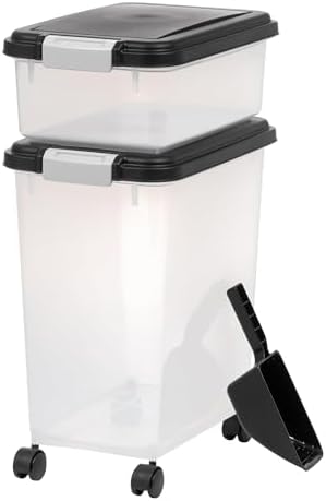 IRIS USA 3-Piece 16 Kg / 42.6 L (45 US Qt.) WeatherPro Airtight Pet Food Storage Container Combo with Scoop for Dog Cat and Bird Food, Keep Fresh, Translucent Body, Easy Mobility, Black