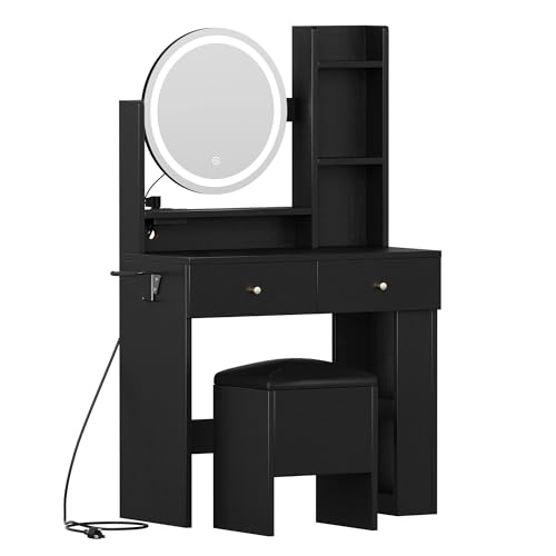 DWVO Vanity Desk with Mirror and Lights, Makeup Vanity Table Set with Power Outlets and Chair, 3 Lighting Colors, Makeup Desk with 3 Drawer and Lots Storage Shelves, Bedroom, Dark Black Dressing Table