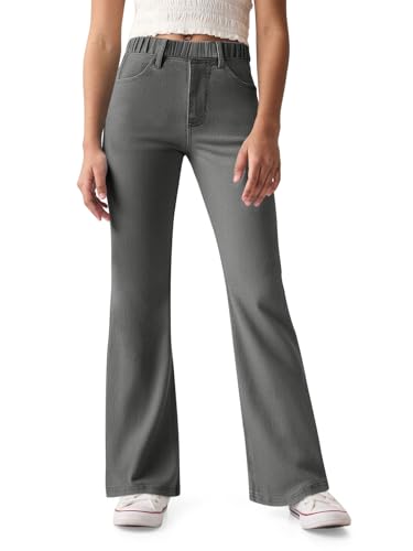 Haloumoning Girls Flare Jeans Kids Fashion Stretchy Denim Pants Bell Bottoms with Pockets Light Grey