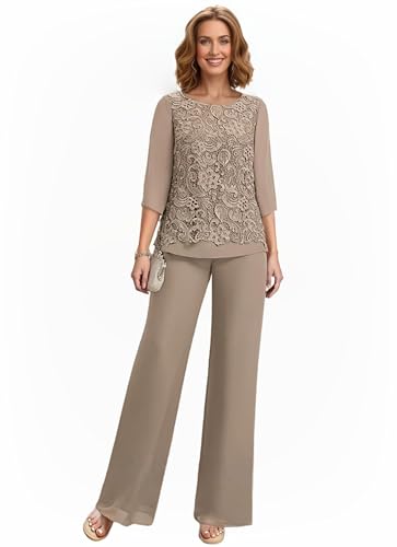 Taupe 2 Pieces Mother of The Bride Pant Suits Chiffon Lace Appliques Scoop Neck Formal Wedding Guest Pantsuits WT034 12