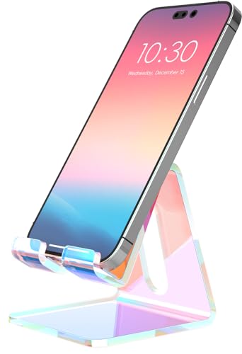 Crpich Acrylic Cell Phone Stand, Portable Phone Holder, Phone Stand for Desk, Compatible with Phone16 15 14 13 12 Pro Max Mini 11, Switch, Android Smartphone, Pad, Tablet, Iridescent Color