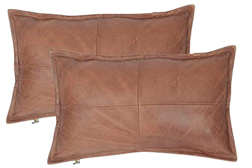 D DOLLY LAMB Lambskin Leather Pillow Cover - Sofa Cushion Case - Decorative Throw Covers for Living Room & Bedroom, 12X20 Inch - Dark Tan Box Pack of