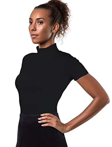 Mock Turtleneck Short Sleeve Tops for Women, Mock Neck Fitted T-Shirt Flowey Print Baselayer Office Tee2