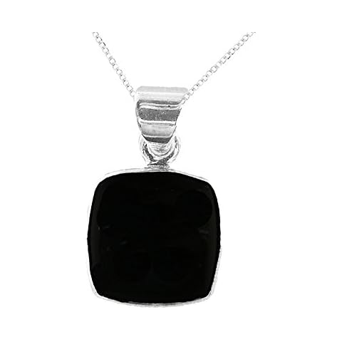 925 Sterling Silver Whitby Jet Square Gemstone Pendant with a 41cm/18" Sterling Silver Curb Chain. - Gift Boxed for the one Cover