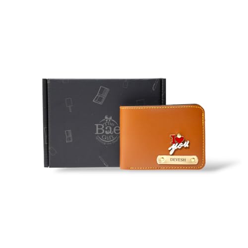 Image of Thebaegift Men's Personalized Wallet I Customized Slim Stylish Leather Purse with Name & Charm I Unique Birthday Anniversary Gift for Men Boy Love Husband Employees Clients (TAN Vegan)