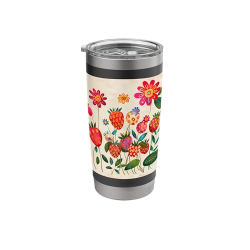 Folk Art Strawberries Whimsical Berry Floral Pattern Stainless Steel Insulated