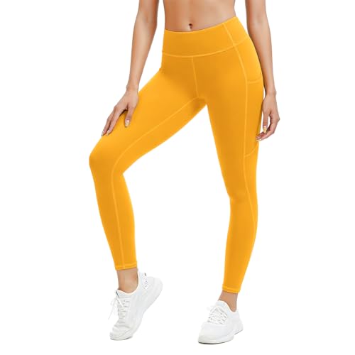 AMLEER Buttery Soft Leggings with Pockets for Women High Rise No Front Seam Yoga Pants Tummy Control Casual Lounge Leggings Mustard Medium