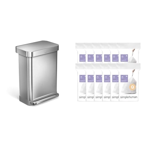 simplehuman 55 Liter / 14.5 Gallon Rectangular Hands-Free Kitchen Step Trash Can with Soft-Close Lid & Code Q, 240 Liners, Custom Fit Drawstring Trash Bags, 50-65 Liter / 13-17 Gallon